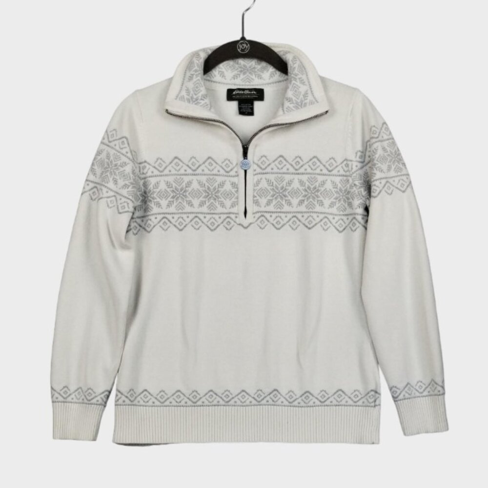 Eddie Bauer Scandinavian Nordic Print Sweater Cotton White Gray Size M